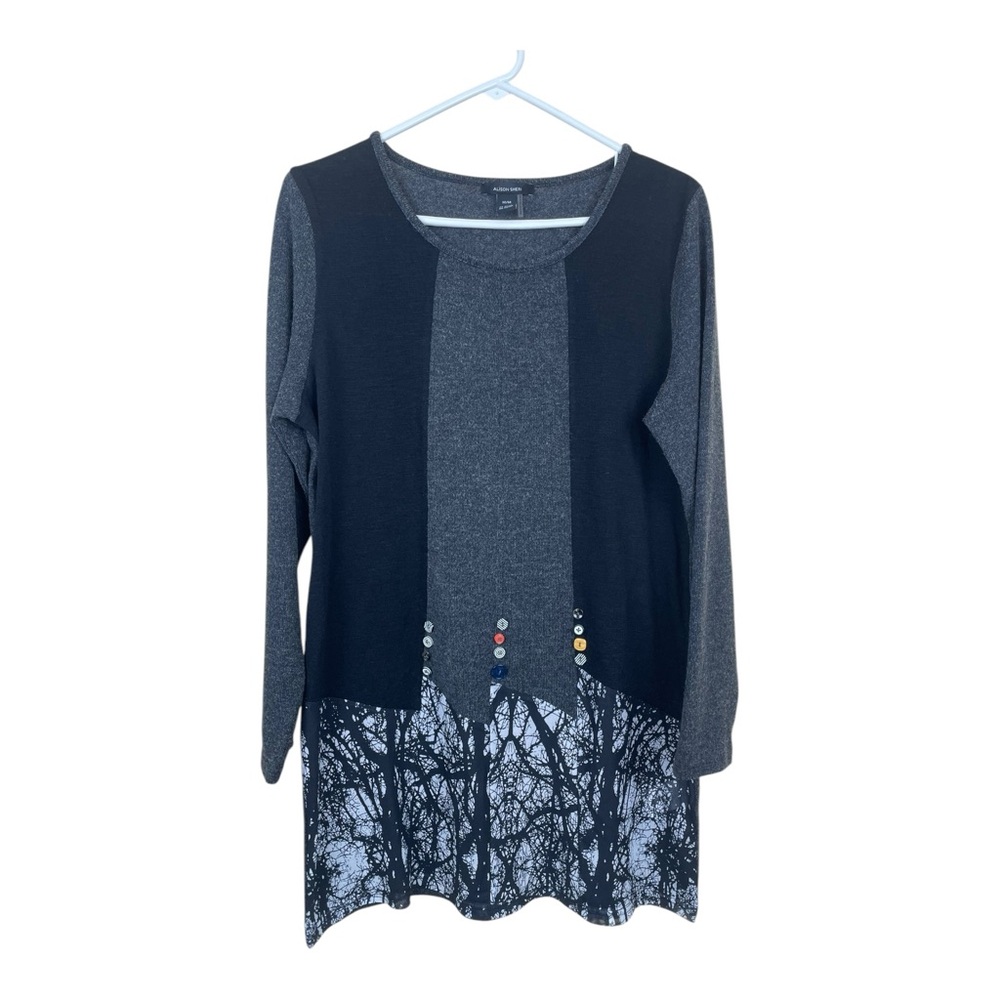Alison Sheri Tunic Sweater Size Medium Black Gray With Buttons Fun Design